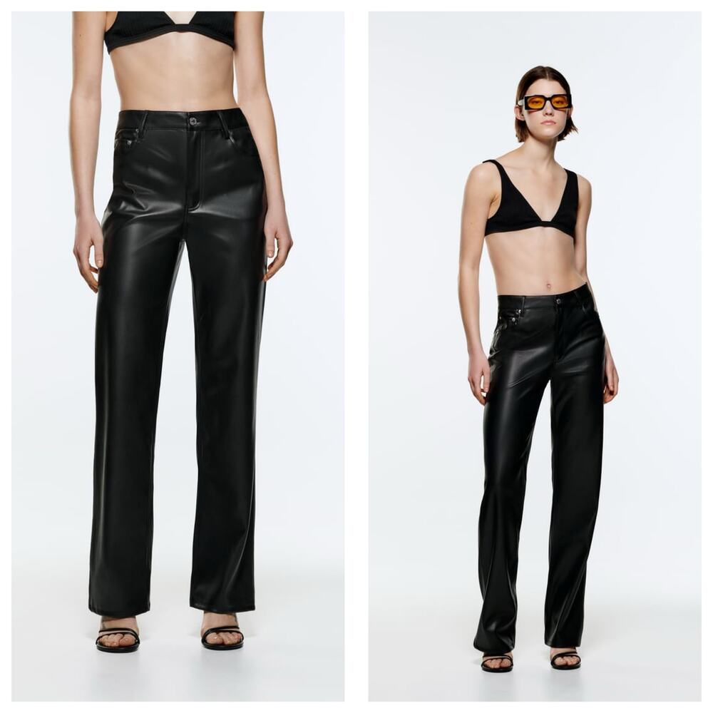 Zara Full Length Faux The 90S Leather Black Pants Size 10 Straight Leg High Rise